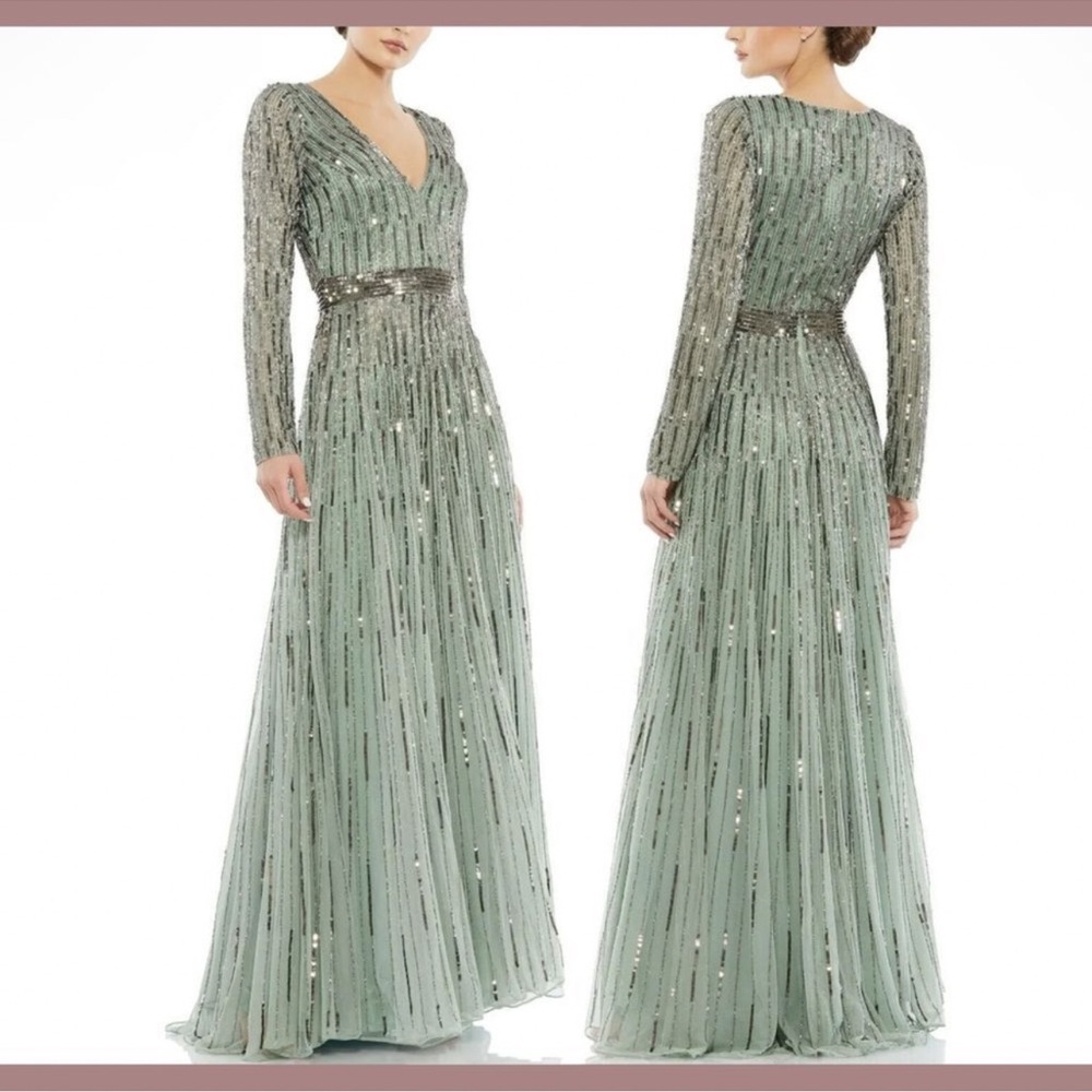 Mac Duggal Sage Green Long-Sleeve Sequin Evening Gown